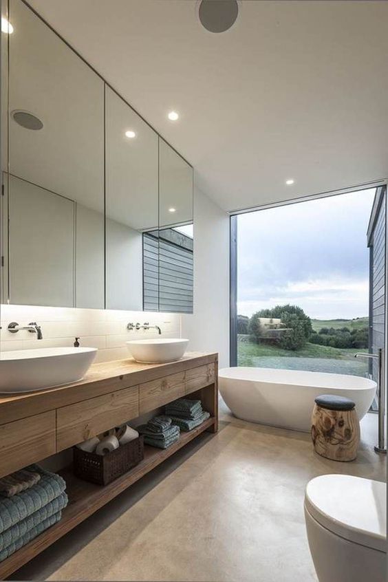 Freestanding bathtub in large bathroom