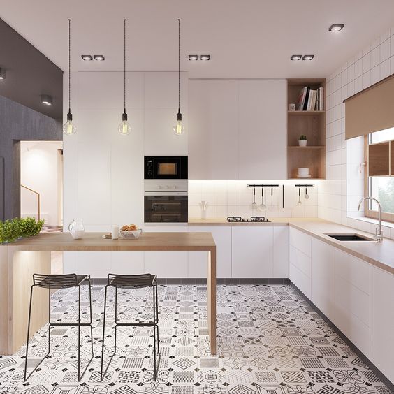 Custom kitchen countertop design - L-shaped. White square tiles on walls