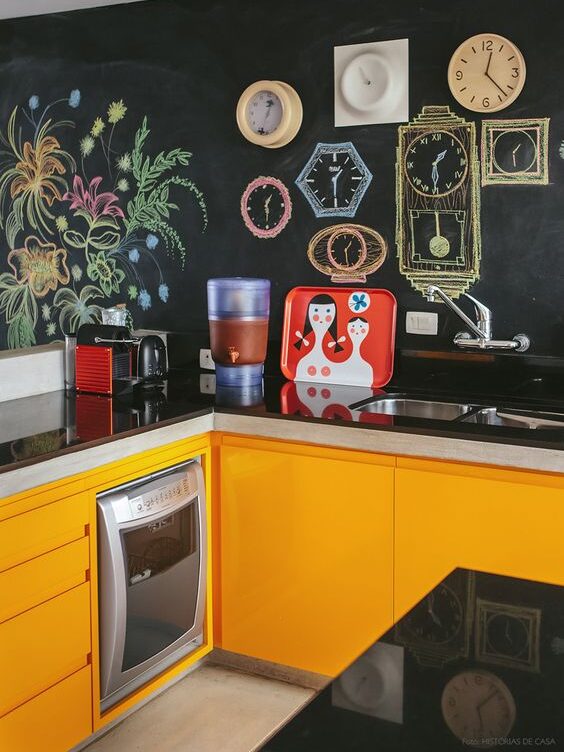 Kitchen wall materials: black enamel "chalkboard" paint