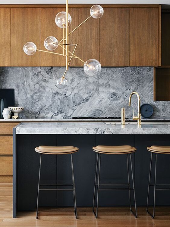 Custom kitchen countertop design - I-shaped countertop + island - same material on backsplash - stone