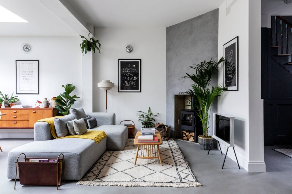 Polished Concrete Floor in Living Rooms, cozy decoration and furniture